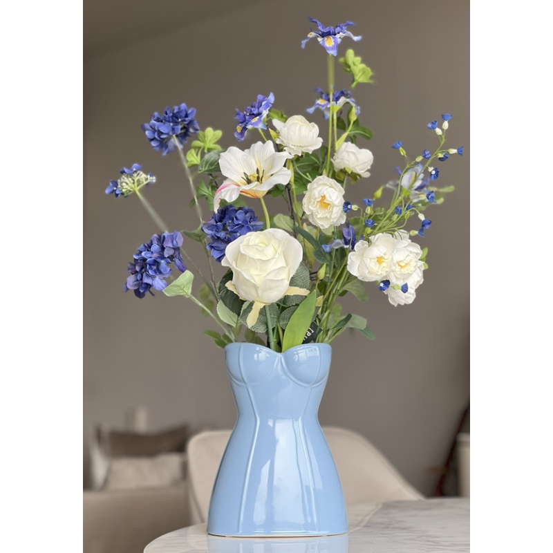 Zijden boeket Blue Baby inclusief vaas