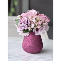 Zijden biedermeier boeketje met vaas pink