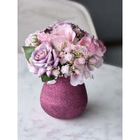 Zijden biedermeier boeketje met vaas pink