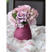 Zijden biedermeier boeketje met vaas pink