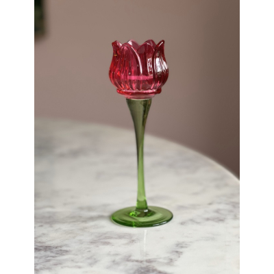 Tulp waxinelichthouder glas fuchsia 22cm