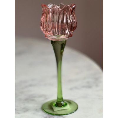 Tulp waxinelichthouder glas roze 22cm 