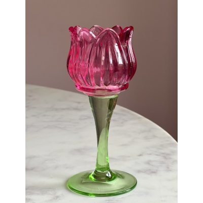 Tulp waxinelichthouder glas fuchsia 17.5cm